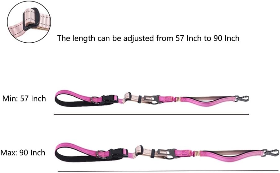 Hands Free Dog Leash for Large Medium Dogs Heavy Duty Bungee Reflective Adjustable Waist Leashes for Walking Running with Car Buckle 4-6FT (Rose)