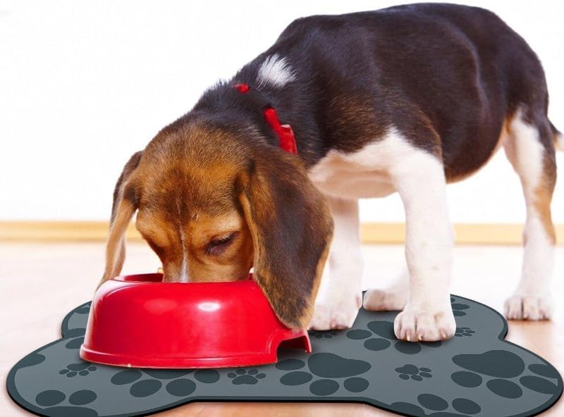 Dog Food Mats for Floors Waterproof, Pet Feeding Absorbent Water Bowl Mat Cat Placemats Gray Bone Shape 25.5 * 17 inch