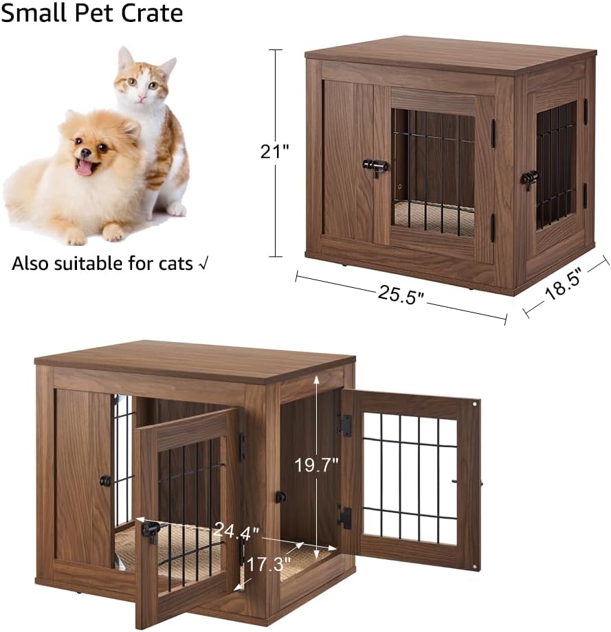 unipaws 25.5 Inch Furniture Style Dog Crate for Small Dogs, Cats, Min Pigs, Rabbit, Indoor Aesthetic Puppy Kennel, Modern Decorative Wood Wire Cage, Pretty Cute End Side Table Nightstand, Walnut