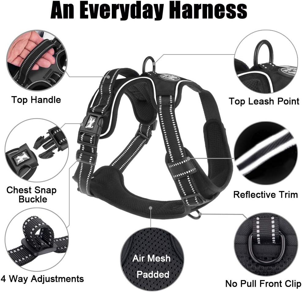 PoyPet No Pull Dog Harness, Reflective Comfortable Vest Harness with Front & Back 2 Leash Attachments and Easy Control Handle Adjustable Soft Padded Pet Vest for Small to Large Dogs (Black,M)