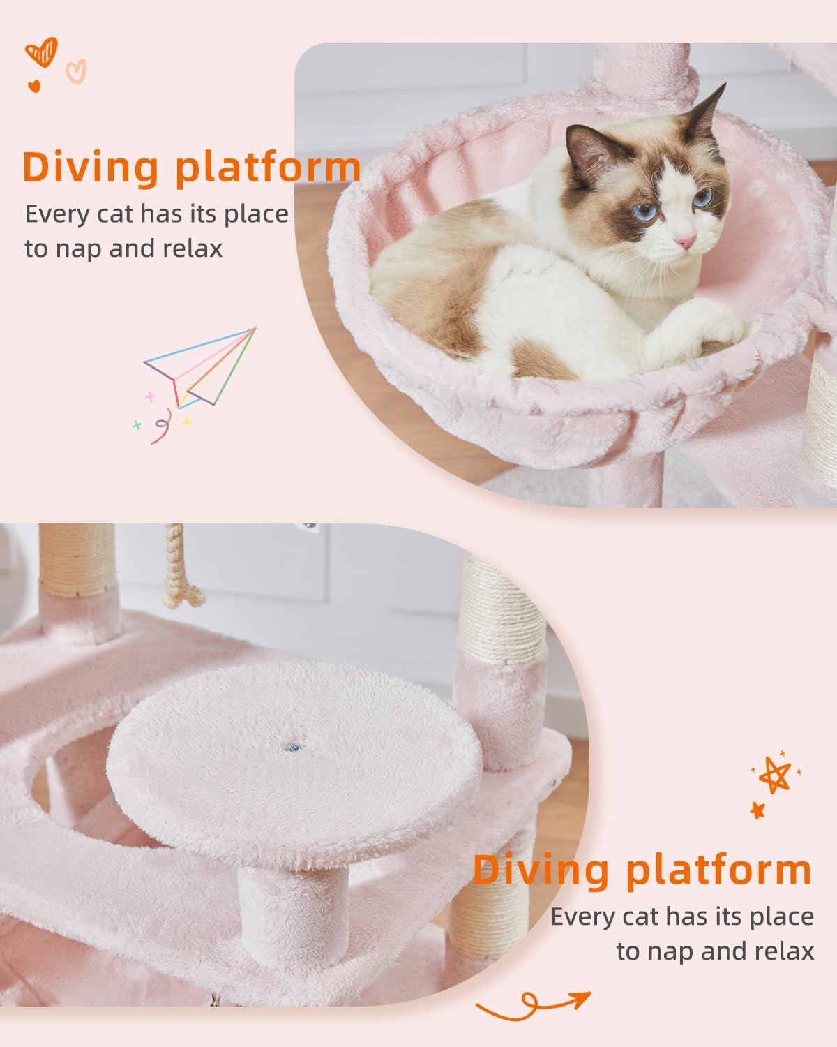 Taoqimiao Cat Tree, 71-Inch Cat Tree Cat Tower for Indoor Cats, Plush Multi-Level Cat Condo with 10 Scratching Posts, 2 Perches,Basket, 2 Caves,Hammock, 2 Pompoms,MS020P Jelly Pink