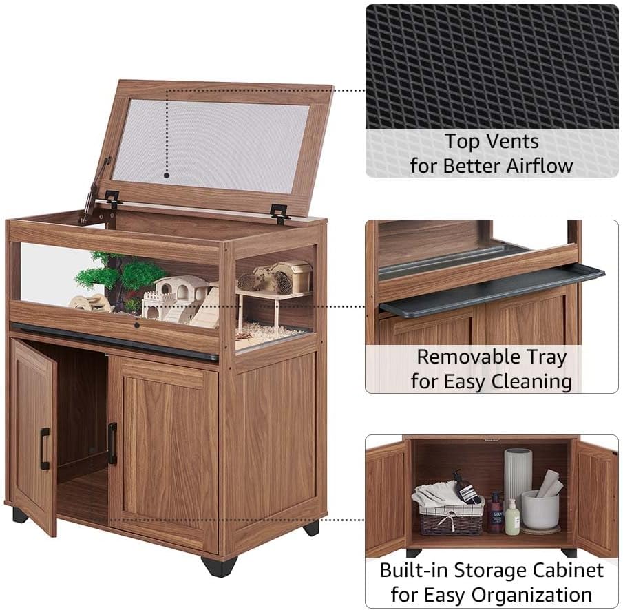 unipaws Hedgehog Cage with Storage Cabinet, Hamster Cage for Rat and Guinea Pigs, Clear Transparent PVC Visual Small Animal Cage with Tray, Hamster Enclosure, Walnut