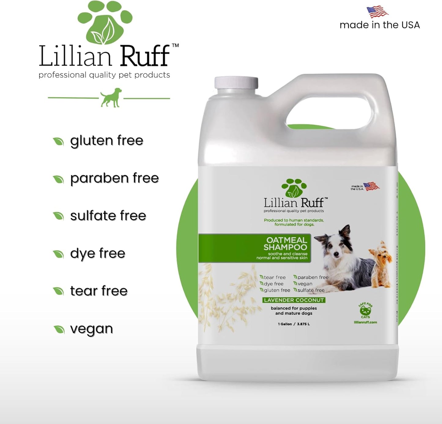 Lillian Ruff PRO Formula Deodorizing Oatmeal Dog Shampoo - Calms Itching & Allergies, Ultra-Nourishing Dry Skin Relief - Oatmeal, Aloe, Coconut Oil, Lavender & Provitamin B5 - Made in USA (Gallon)