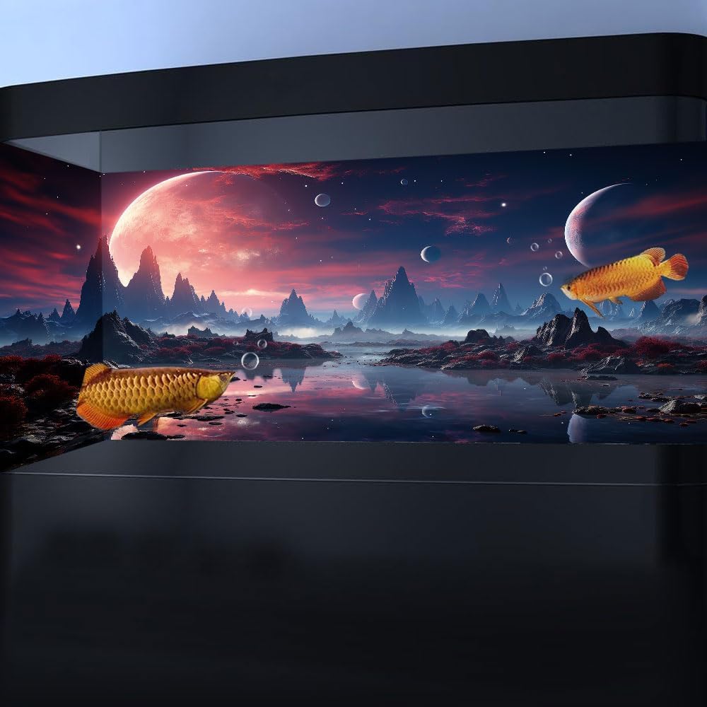 30X18IN Cosmic Spaceterrarium Background, Cool Parallel Space Themed Aquarium Reptile Habitat Background, Red Moon Aquarium Background with 10EVA Double-Sided Tape