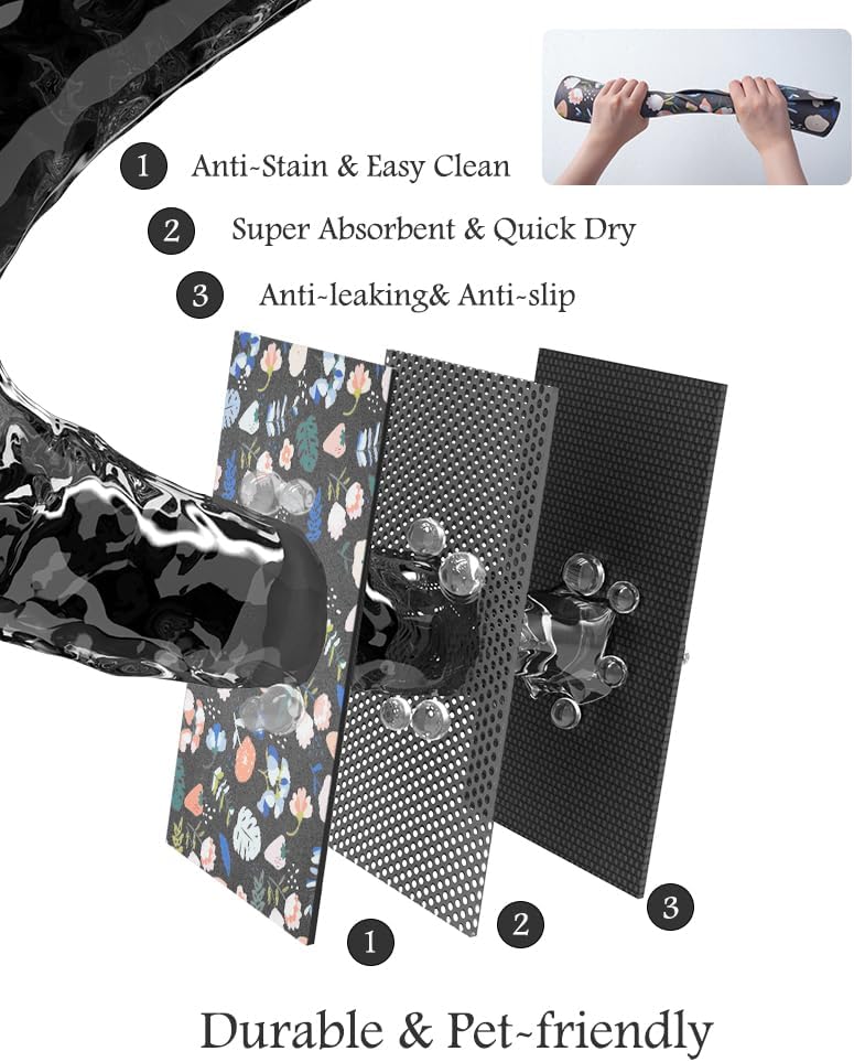 Pet Feeding Mat-Absorbent Dog Mat for Food and Water Bowl-No Stains Quick Dry Water Dispenser Mat-Dog Accessories Pet Supplies-Bowl for Messy Drinkers(DARKFLOWERS,23"x34"