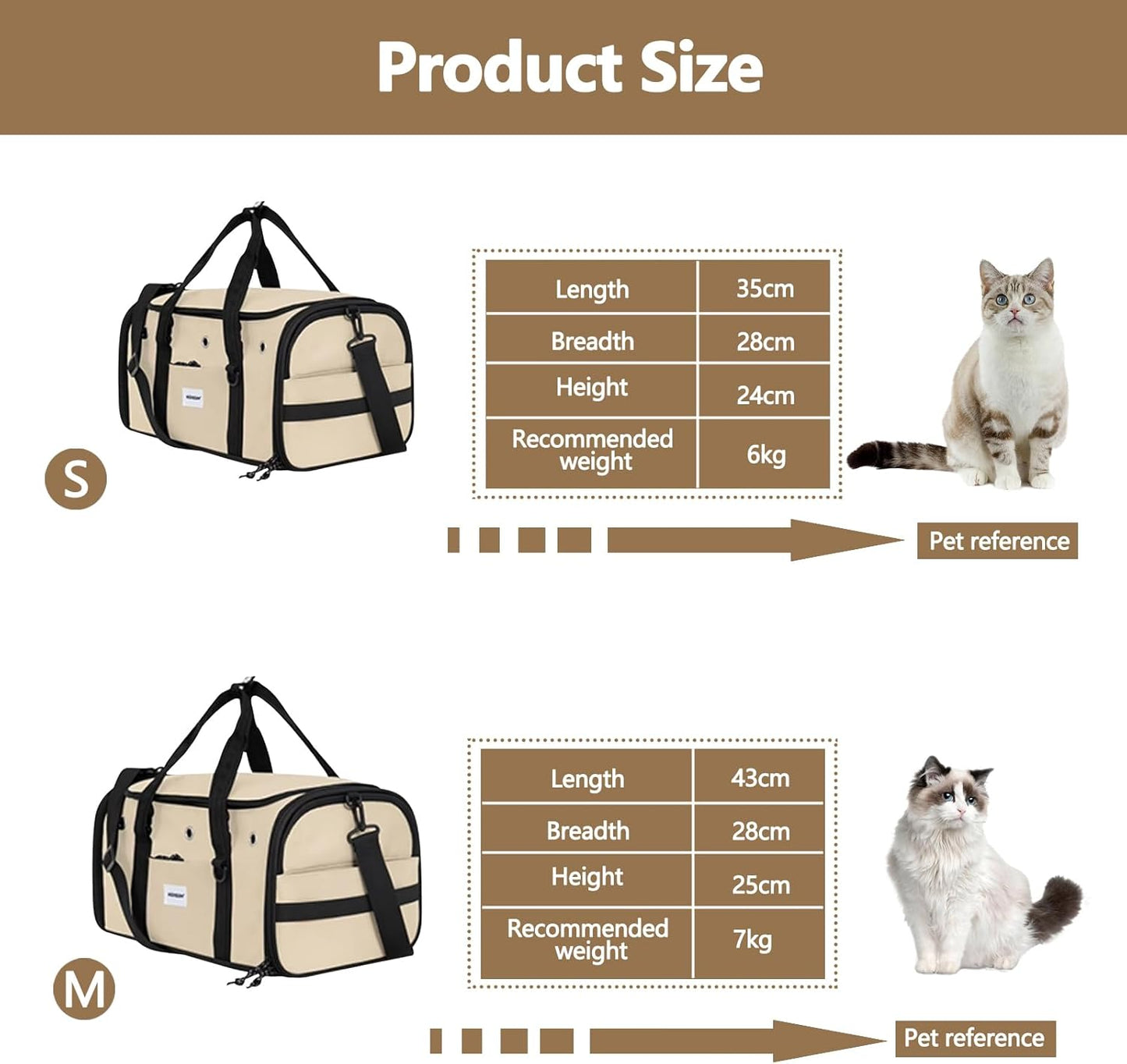 Pet Carrier Bag, Foldable Cat Bag Airline Approved, Soft-Sided Cat Travel Bag, Washable Dog Carrier Privacy Protection for Home Outdoor Travel(M, Brown)