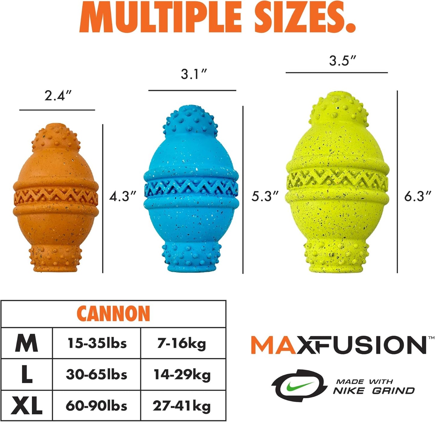 Max Fusion with Nike Grind, Arlee Cannon Treat Dispensing Dog Toy, Durable Dog Treat Toy, L