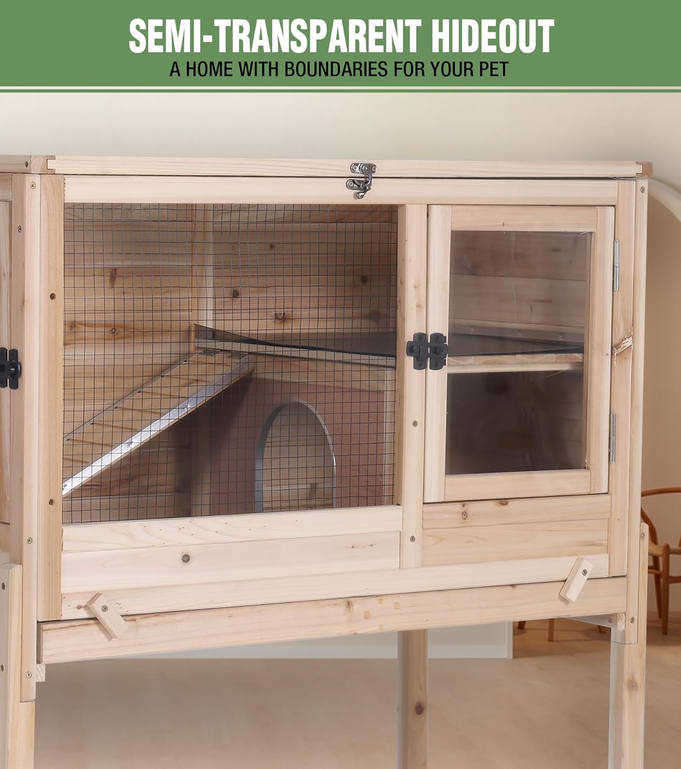 GUTINNEEN Guinea Pig Cage Rabbit Cage Indoor with Chew-Proof Edges, Clean Deep Tray, Leakproof PVC Layer, Small Animals Cage with Adjustable Legs - Natural Wood Color