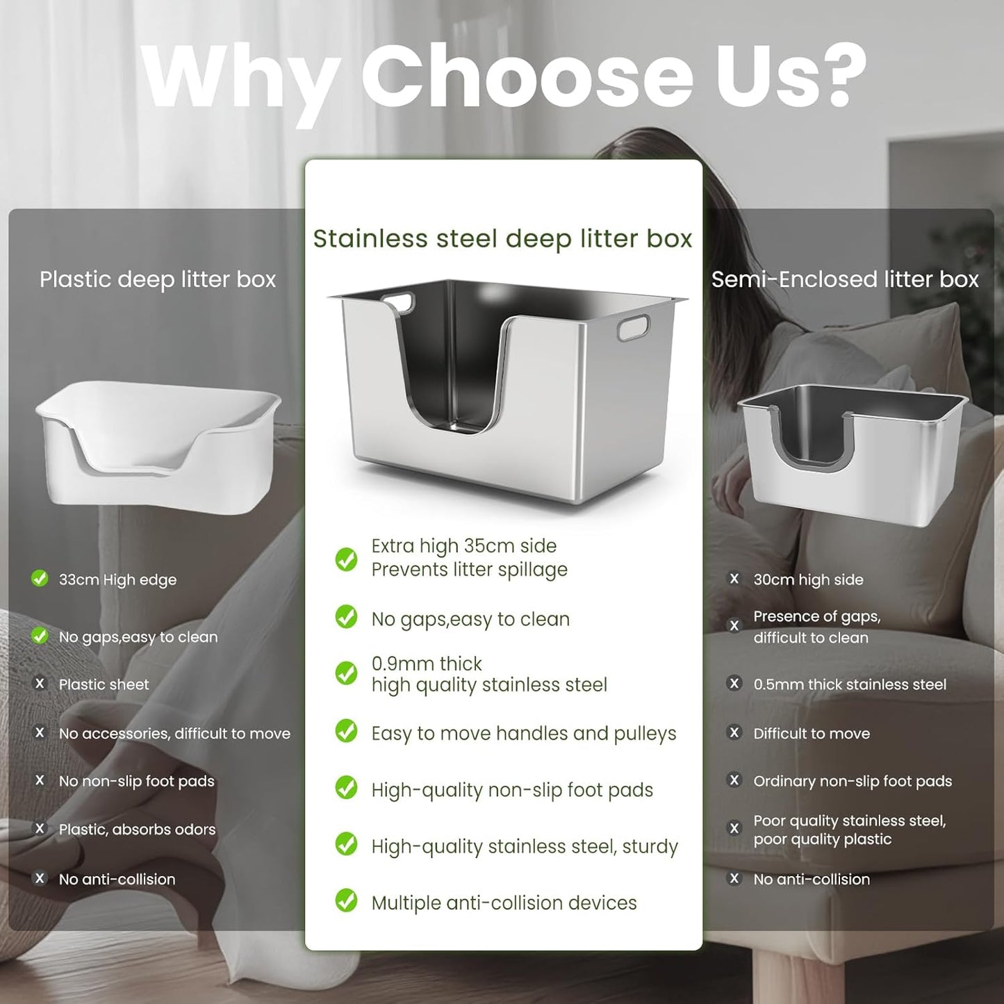 Stainless Steel Cat Litter Box 11.8” High Sides, Large Metal Litter Box with Low Entry for Big Cats, Leak-Proof Pet Toilet Kitty Litter Pan with Wheels for Mobility, Easy to Clean & Non-Stick