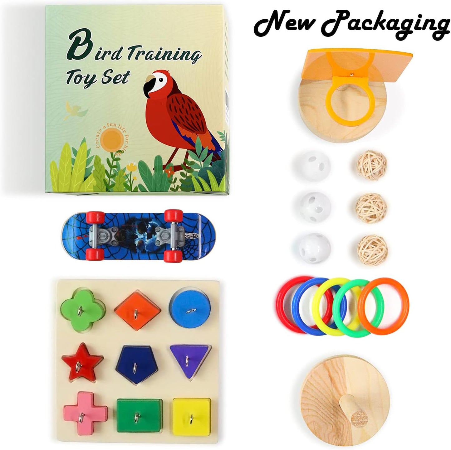 Bird Toys For Parakeets,5pcs Parrot Toys Set (Include Bird Basketball Toy、Bird Skateboard、Bird Stacking Toy、Parrot Wooden Block Puzzles Toy、Small Sepak Takraw),Parakeet Toys、For Bird Training Toys12