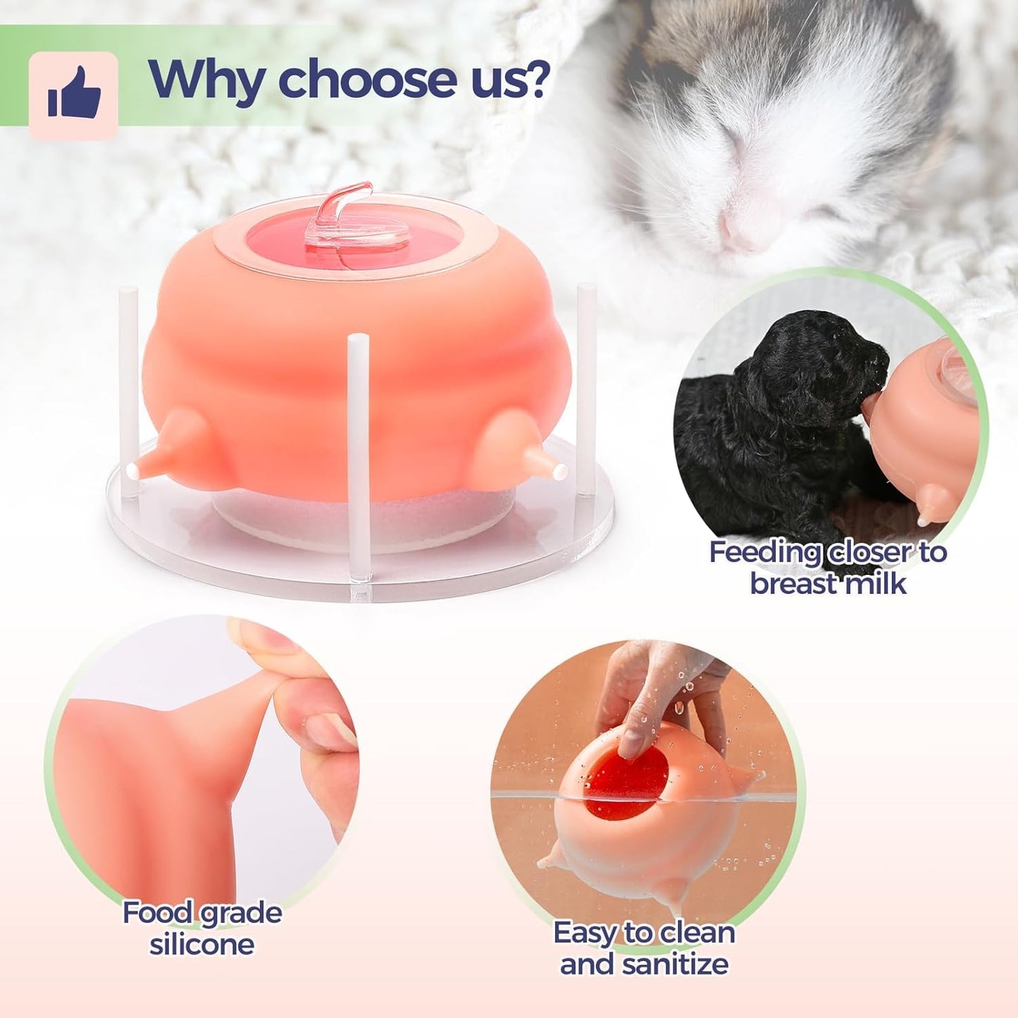 Nursing Nipple for Multiple Kittens, Puppy Feeders for Multiple Puppies with Support Base,Smooth Flow Nipple for Puppies,Ideal Replacement for Kitten Bottle Feeding Kit,400ml Capacity(Pink)