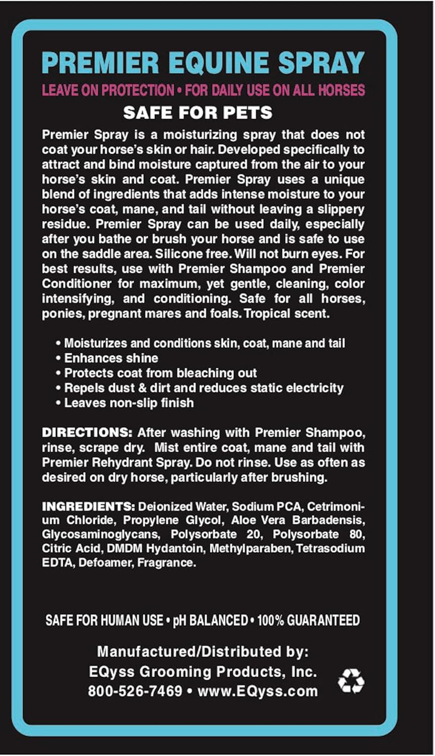 EQyss Premier Equine Rehydrant Spray - Moisturize Horse's Skin & Coat, Add Shine, Detangle, Repel Dirt & Dust - No Silicone, Non-slip Finish (128 oz)