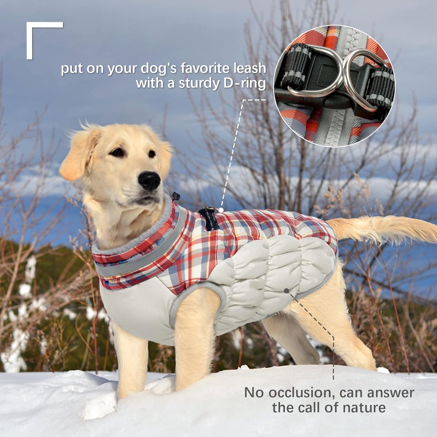 FUAMEY Dog Coat for Large Dogs,Waterproof Dog Winter Jacket with Harness Built in Puppy Cold Weather Coats Reflective Pet Vest with Zipper Warm Fleece Dogs Snowsuit Windproof Red Plaid XL