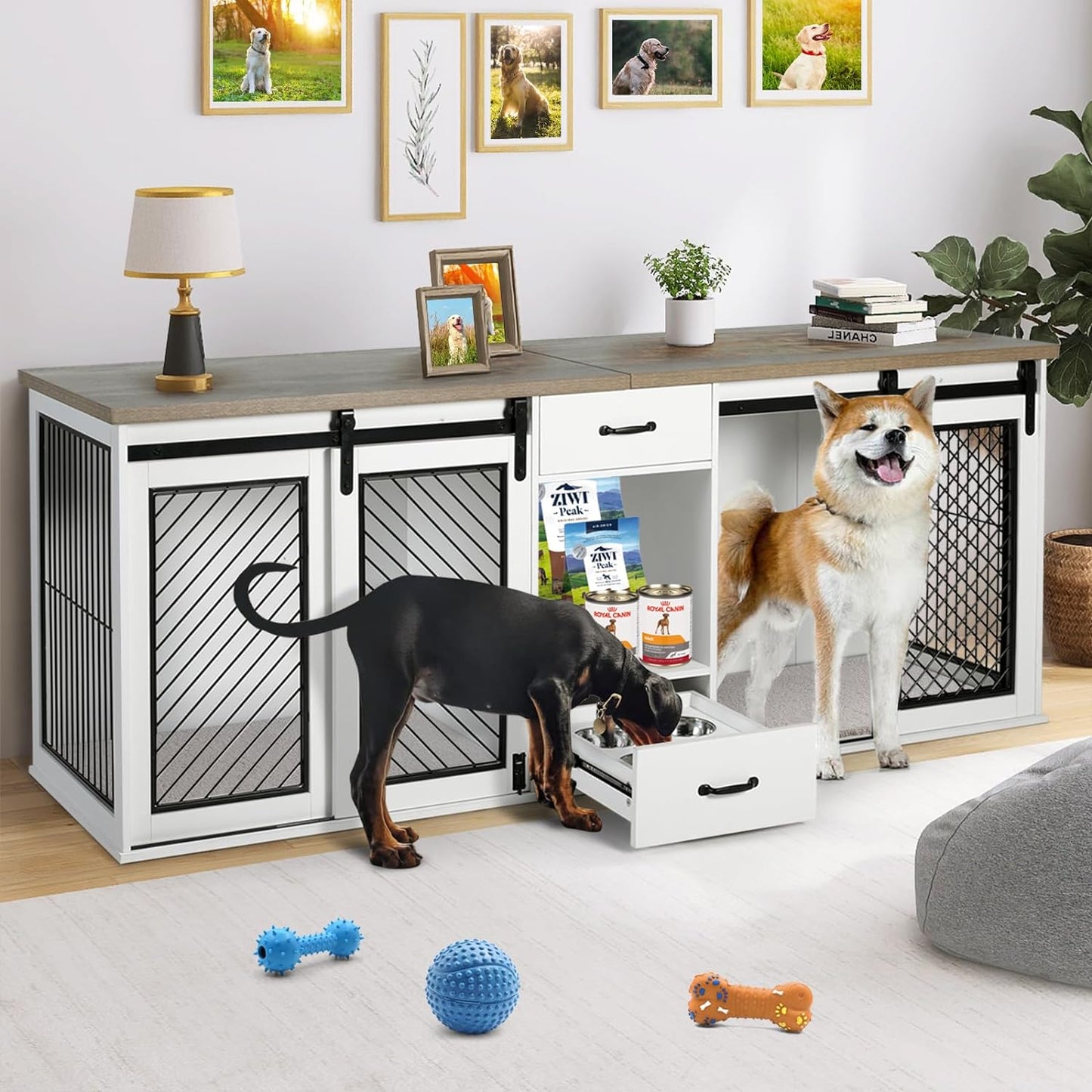 Extra Large Dog Crate Furniture, 85" Sliding Door Double Kennel for 2 Large Dogs Divided, Heavy Duty Wooden Dog Crate Kennel Furniture with 4 Dog Bowls and Drawer Indoor, White