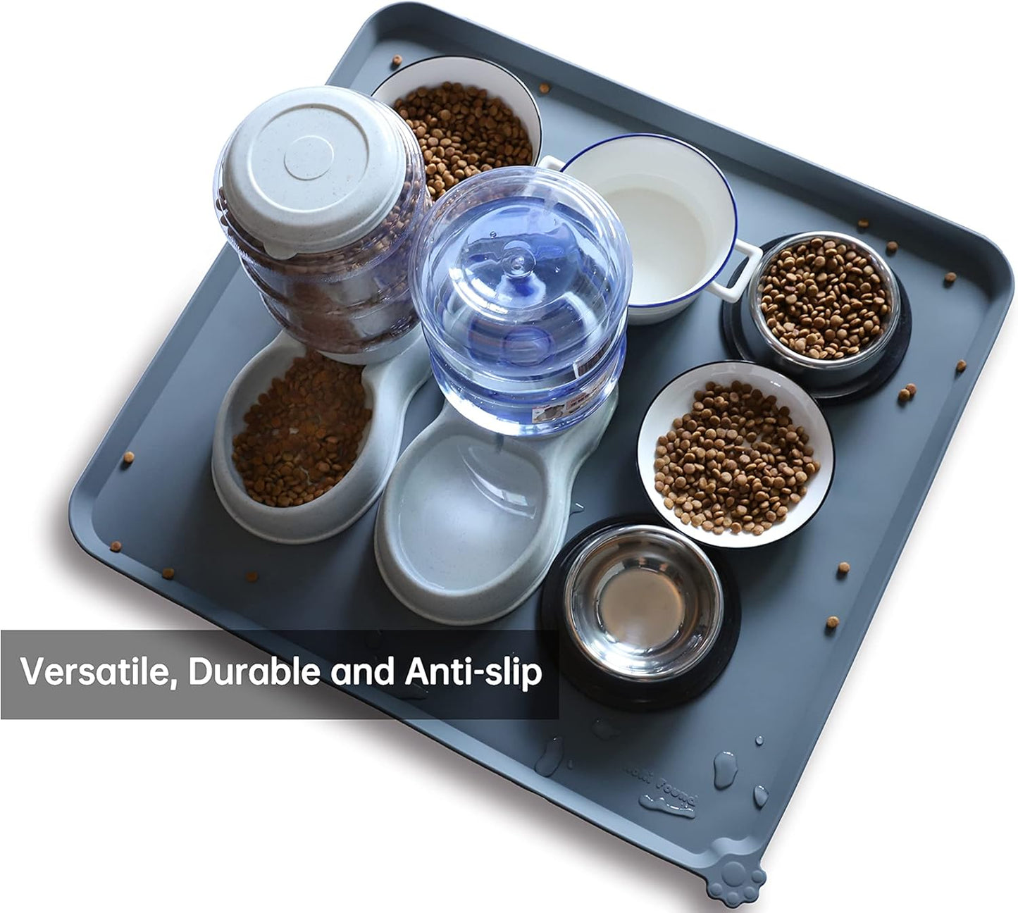 Hoki Found XX-Large Silicone Pet Feeding Mats - Non Slip Cat Dog Bowl Mats - Waterproof, Gray (28'' x 26'')