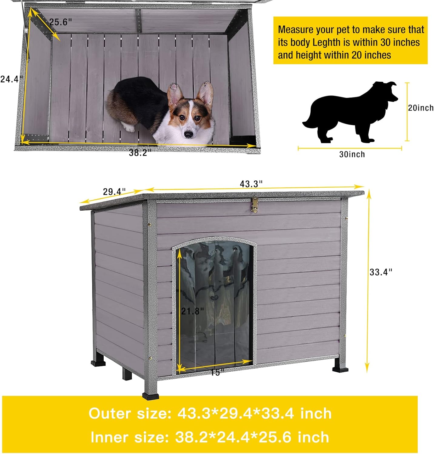 Aivituvin Large Dog House Outdoor Indoor Weatherproof Dog House for Small & Medium & Large Dogs with Unique All-Around Iron Frame&Raised Feet(Grey)