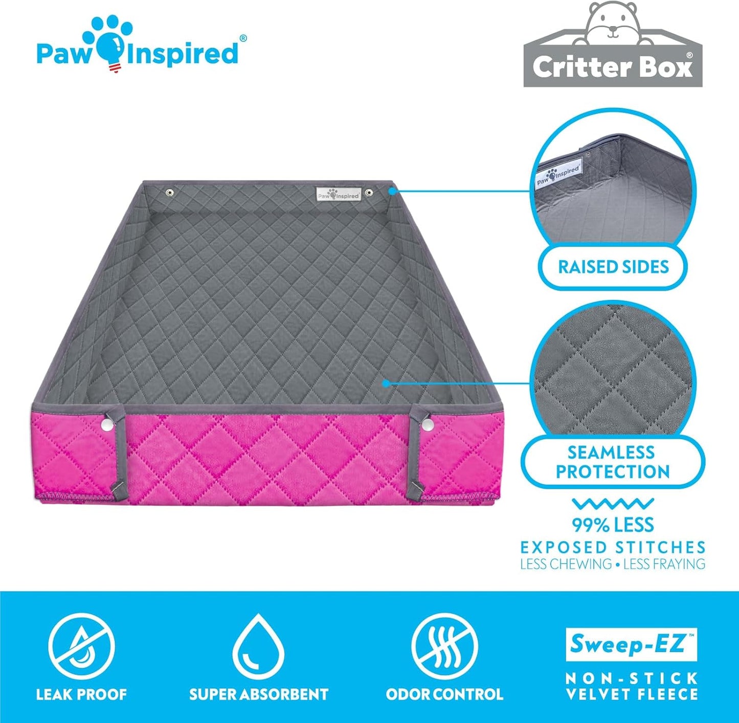 Paw Inspired Critter Box Washable Cage Liner, Reversible Fleece Bedding with Raised Sides for Guinea Pigs and Other Small Animals (C&C 2x4 (14" Grids), Gray/Pink)