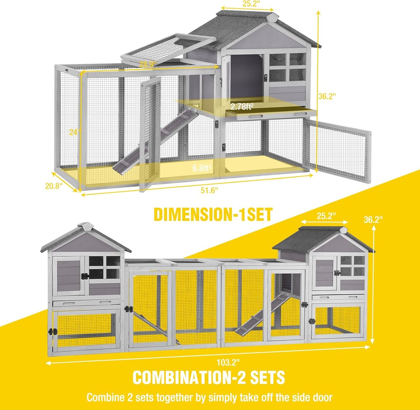 Aivituvin Rabbit Hutch Indoor Bunny Cage Outdoor with Run Chicken Coop Guinea Pig House with Waterproof Asphalt Roof,No Leakage Pull Out Tray