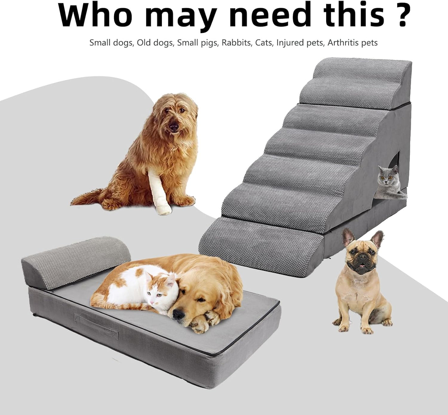 Dog Stairs & Steps for High Beds 30-36 inches High Tall, LitaiL Pet Stairs/Steps for High Beds 34 inch High for Small Large Dogs, Non-Slip 7 Steps Dog Ramps for Old Dogs/Cats