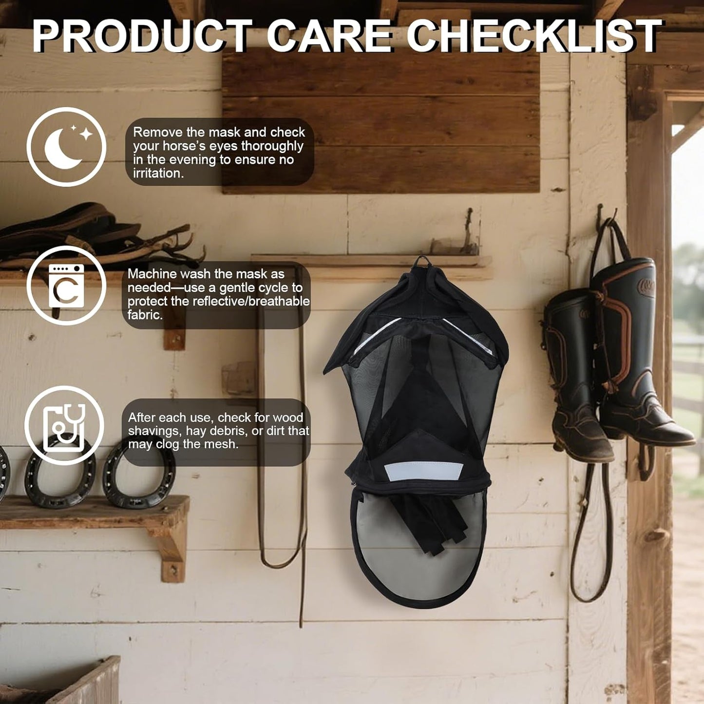 Luminous Horse Fly Mask with Long Nose, Ears, Full Face & Eye Protection - Full Mesh, Detachable Nose Cover, Fleece Padded Edging, Hook-and-Loop Straps with Webbing, Hanging Straps Black