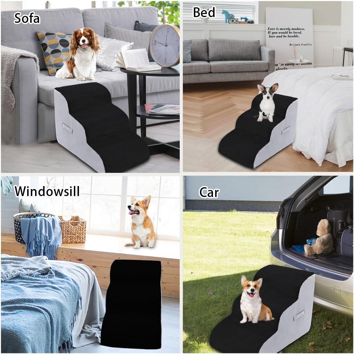 High Density Foam Dog Stairs Steps, Non-Slip Extra Wide Deep Pet Steps for Beds Or Couches, for Injured or Older Pets Dogs and Cats with Joint Pain (3-Tiers (Black))