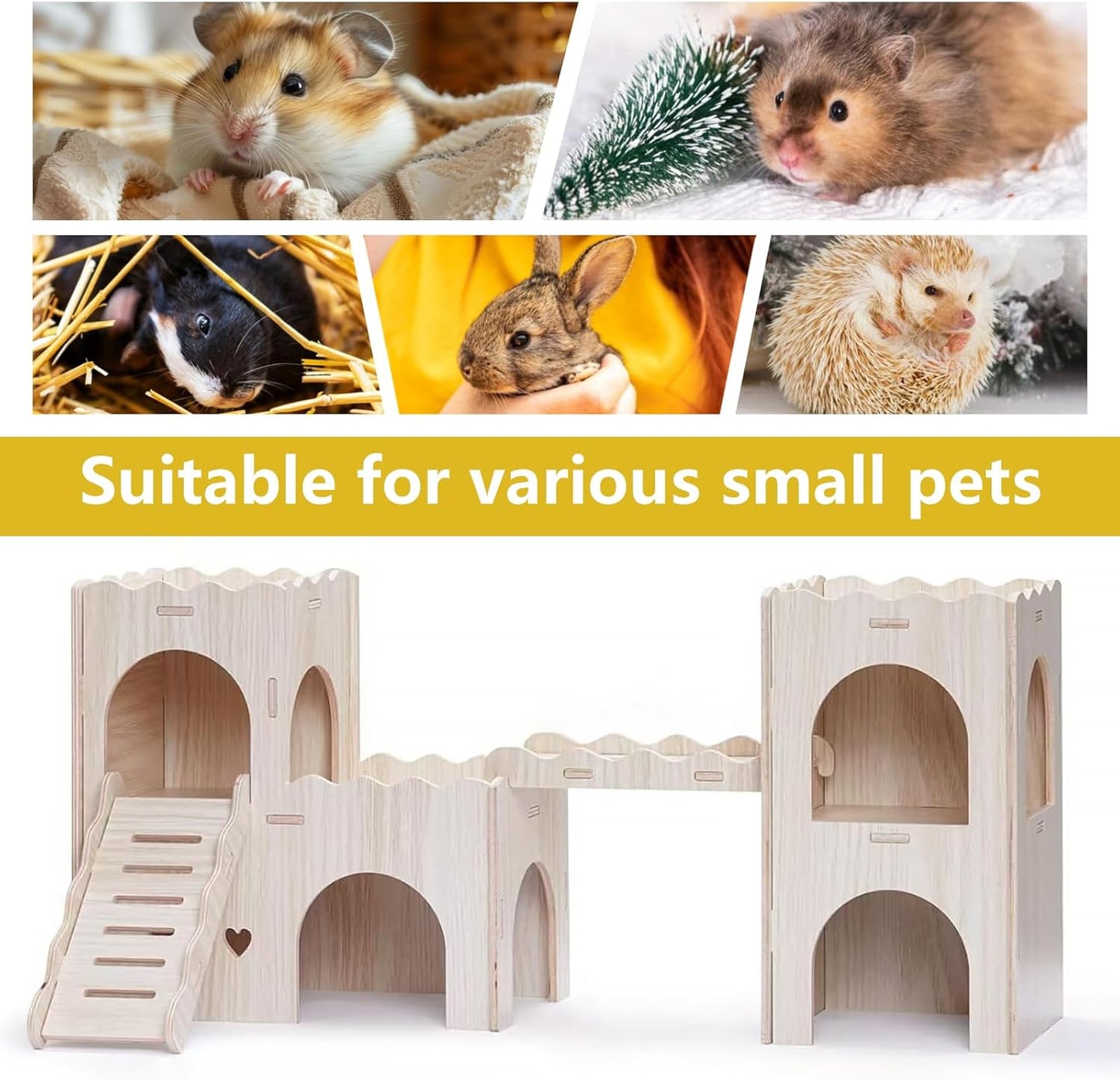Large Wooden Hamster House Castle with Double Decker,Large Hamster, Wooden Hamster Houses,Dwarf Hamster Habitat Hideout with Climbing Ladder,Large Guinea Pig Castle Detachable Hideouts(c)