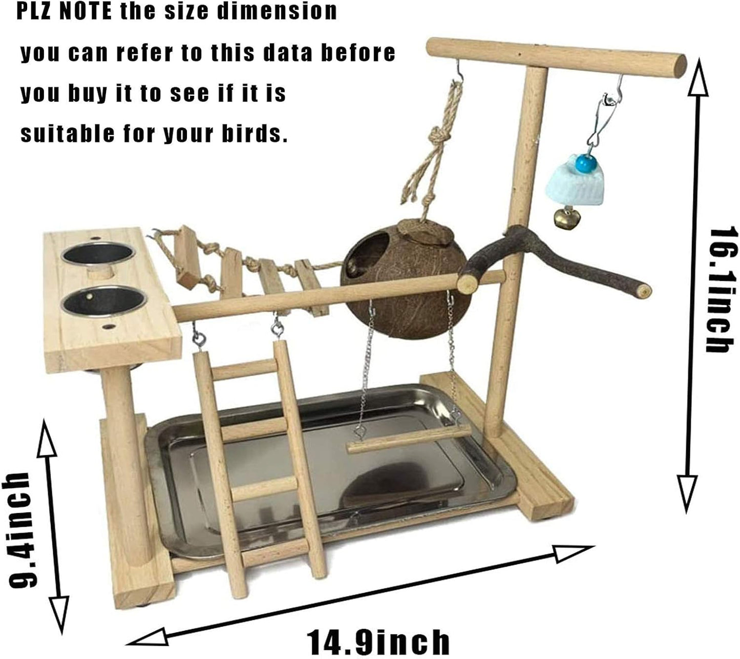 Parakeet Playground Bird Play Stand Natural Wood Perch Gym Parrots Nest Climb Swing Ladders with Feeder Cups Lovebirds Cage Accessories Toy Exercise Activity for Conure Cockatiel Lovebirds