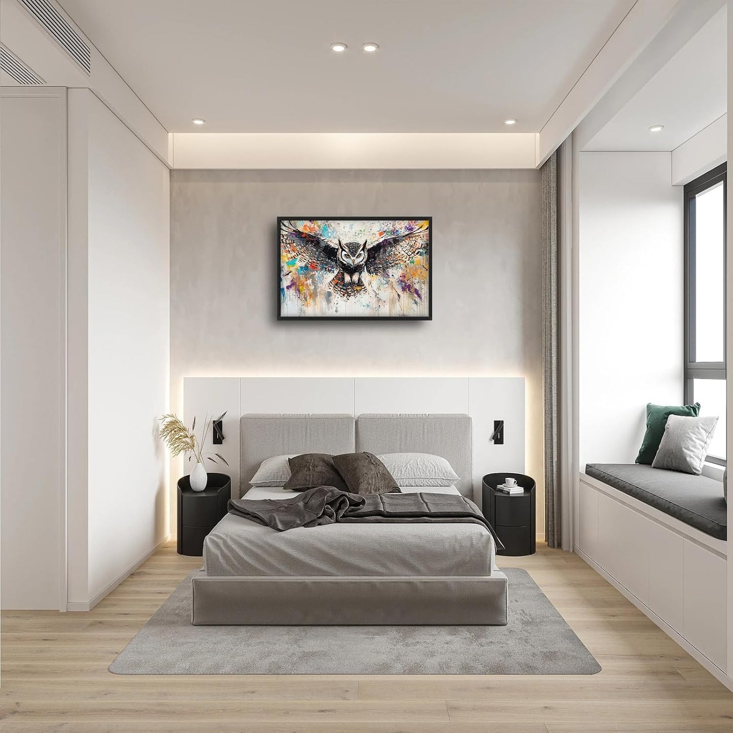 Large Owl Wall Art for Living Room, Framed Oversized Banksy Owl Wall Decor Colorful Wildlife Canvas Painting Animal Pictures Modern Artwork for Living Room Bathroom Bedroom Office Dining Room 36"x24"