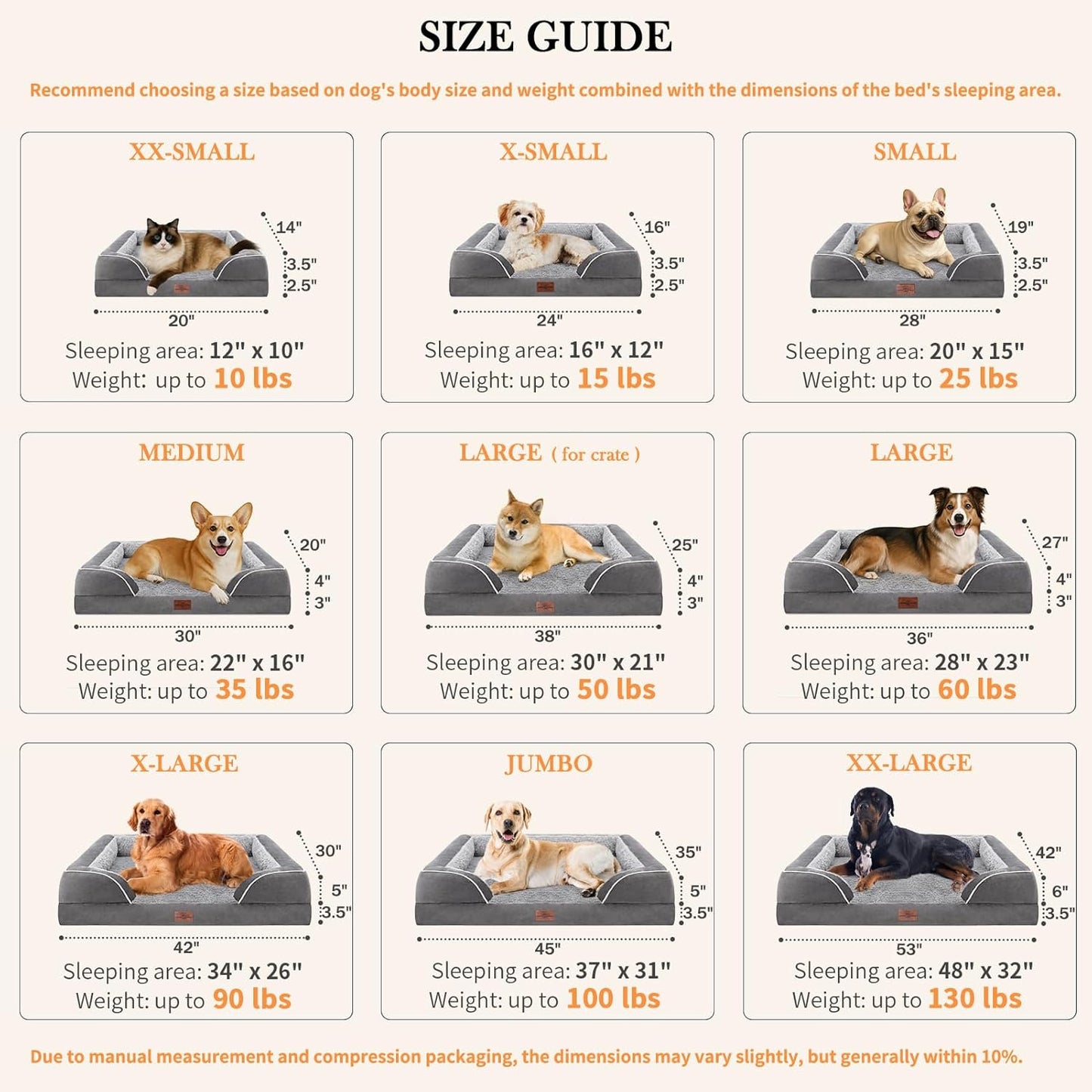 Comfort Expression Waterproof Orthopedic Foam Dog Beds for Extra Large Dogs Durable Dog Sofa The Pet Bed Washable Removable Cover with Zipper and Non-Slip Bottom Bolster
