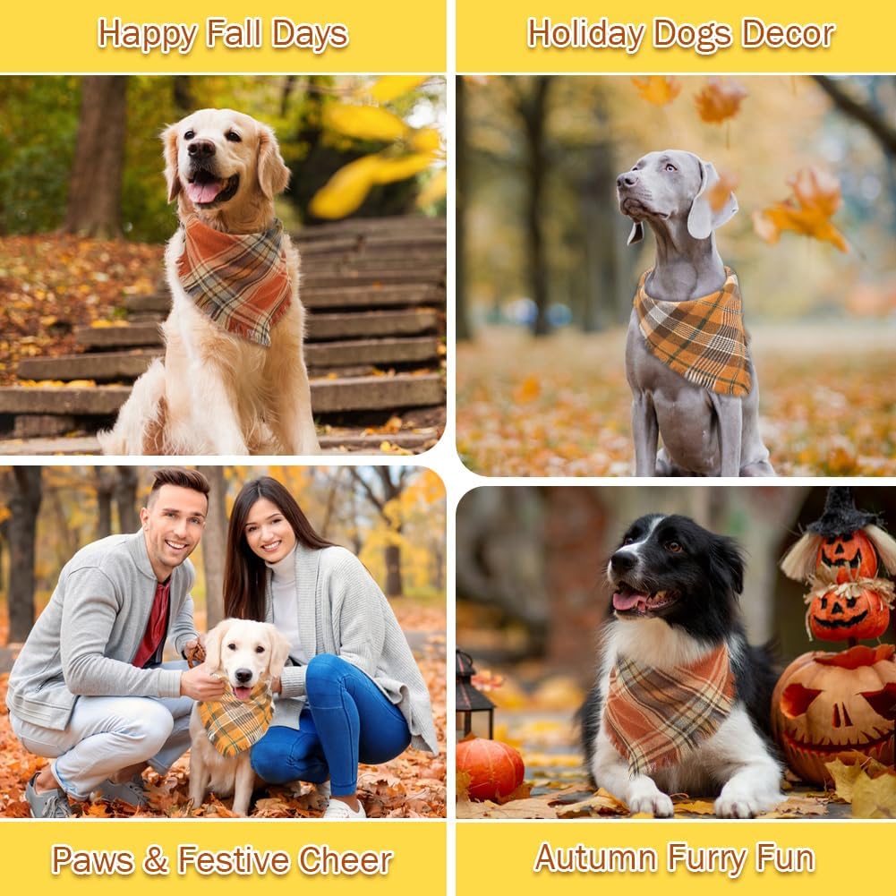 Vivifying Halloween Dog Bandana, 2 Pack Fall Thanksgiving Classic Plaid Dog Scarf with Tassels Edges, Funny Pet Apparel & Accessories Costume for Photo Prop, and Party Decor (Large, Yellow&Orange)