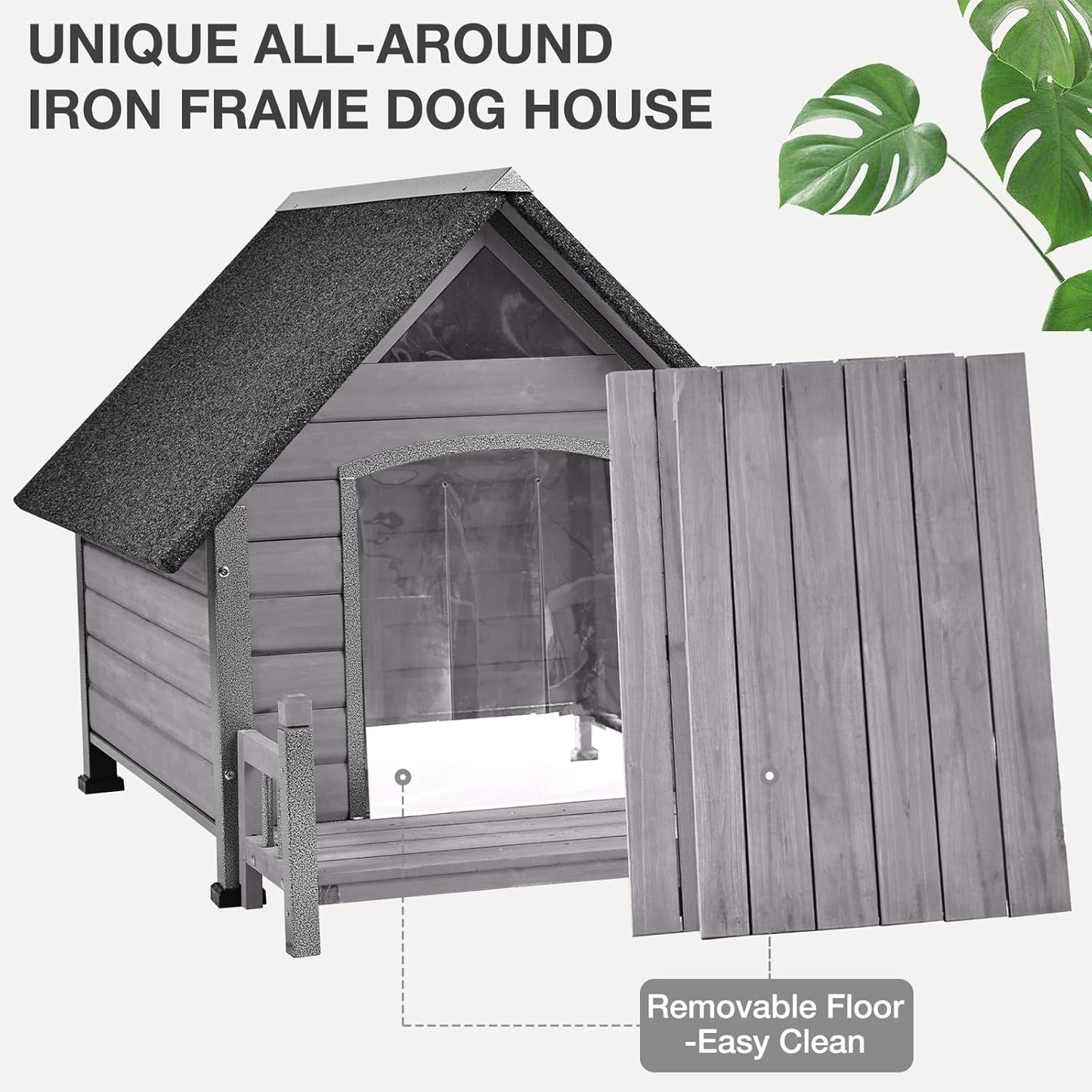 Large Dog House Outdoor Indoor All-Around Iron Frame Design Dog House with Porch&Raised Feet for Small Medium Large Dogs(Grey)