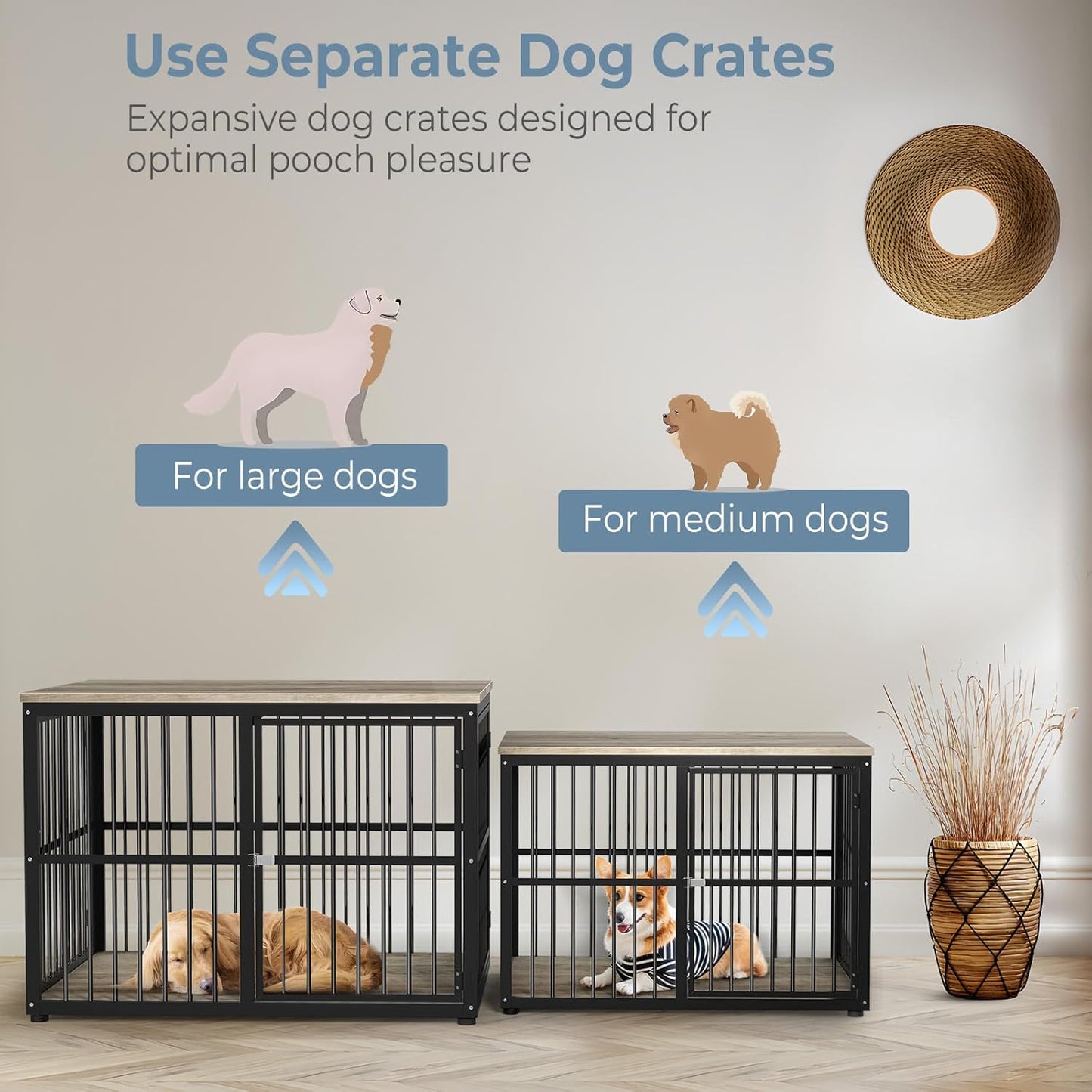 43'' Dog Crate Furniture with 3 Doors, XL Wooden Crate End Table, Heavy Duty Indoor Puppy Cage Kennel for Medium to Large Dogs, Multiple Units Can be Combined