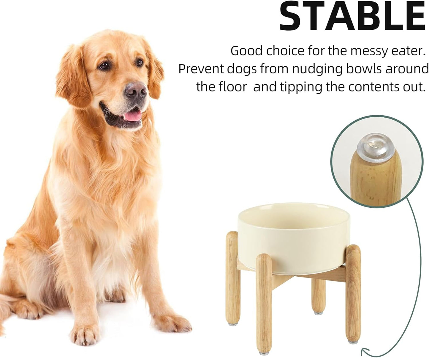 Ceramic 7.3inch Raised Dog Bowl Set, Elevated with Wooden Stand, Food and Water Bowl for Medium Breed Dogs, Weighted Dog Dishes, Pet Feeder(Beige)