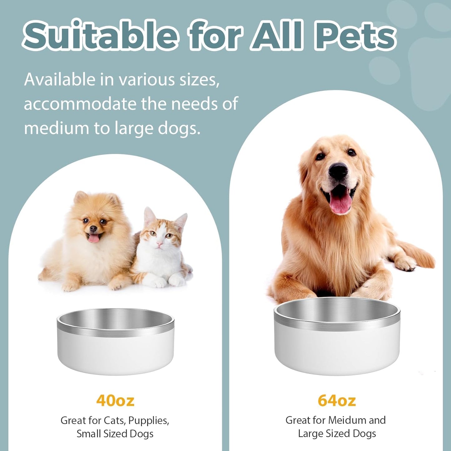 LIANLAI Dog Bowls Large Sized Dishes, Rust-Resistant Stainless Steel Dog Bowls, No Spill Pet Water Bowl, Double-Walled Puppy Bowl (White,64 oz)