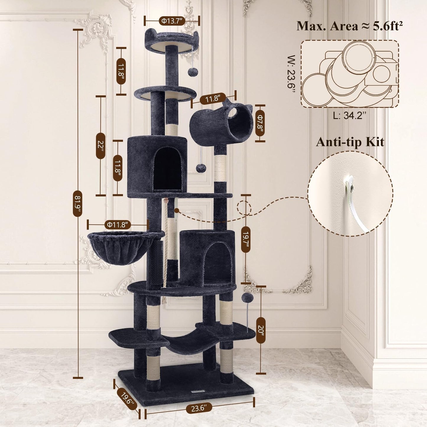 Globlazer Artistic Curved Cat Tower for Small Cats (Under 12 lbs), 81-inch Slim Design Cat Tree with Space-Saving Design, Indoor Cat Condo with Hammock & Tunnel, C81, Dark Gray, Non-Large Cats