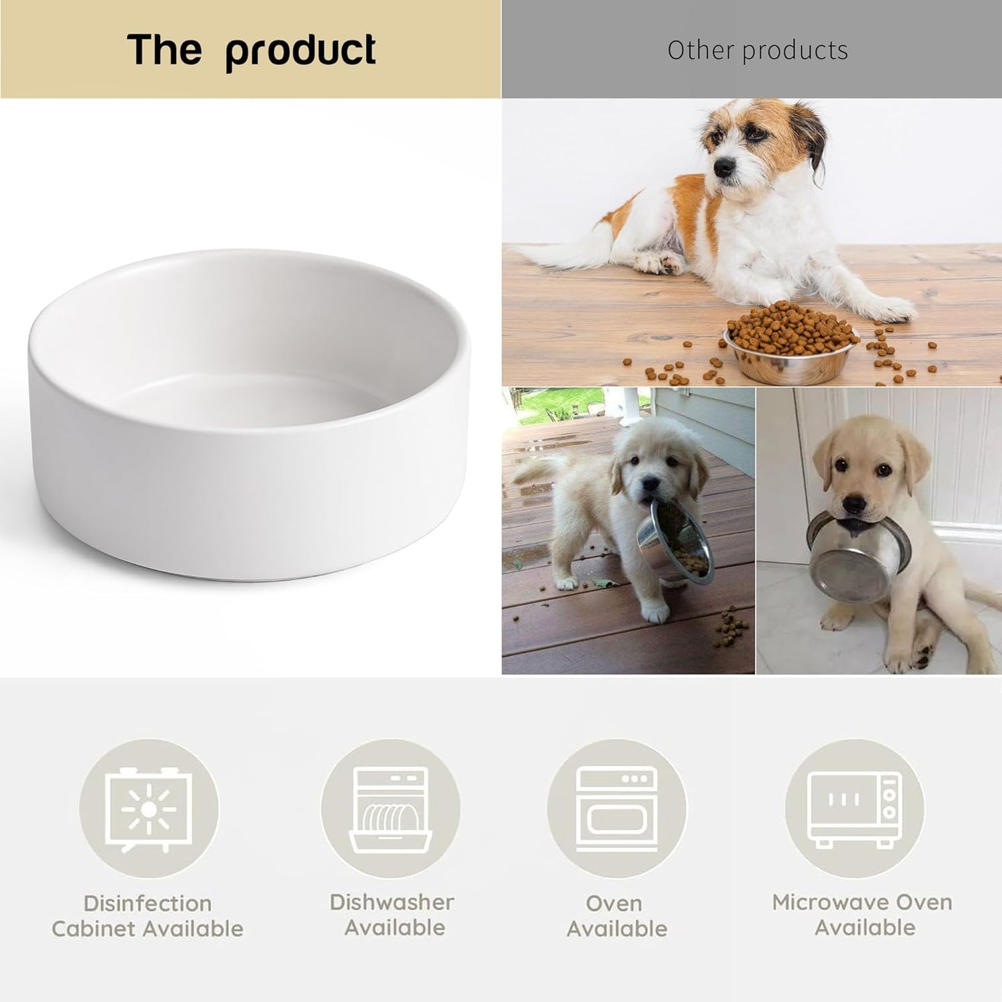 White Ceramic Dog & Cat Bowl Set – 13.5 OZ with Wooden Stand, Non-Slip, Elevated Design for Small Dogs & Cats – 2 Bowls (Food & Water, Ceramic Pet Bowls, Modern Dog Bowls)