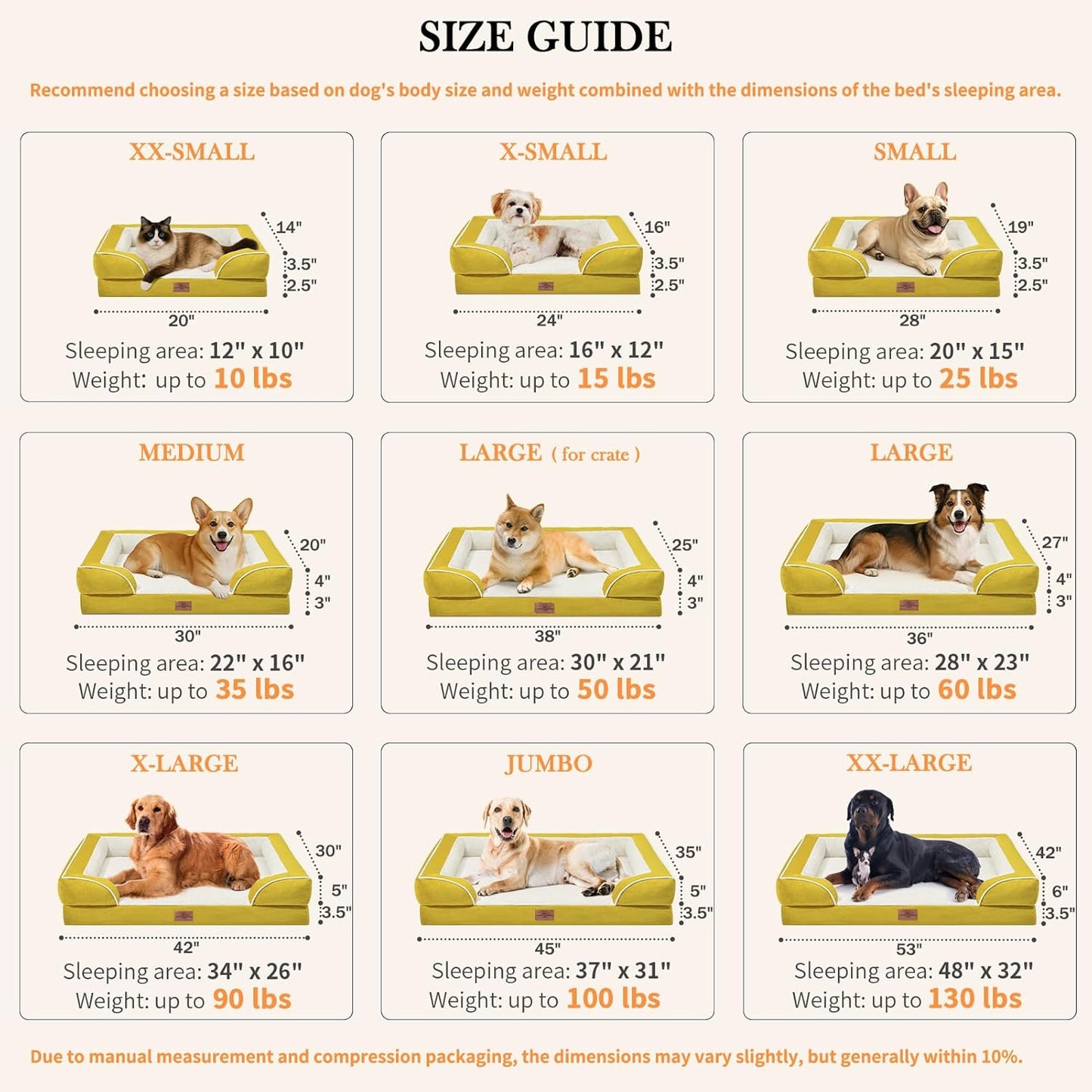 Comfort Expression Small Dog Beds Waterproof Orthopedic Foam Dog Sofa Beds for Medium Dogs Comfy Pet Bed with Washable Removable Cover & Non-Slip Bottom(Small,Spicy Mustard)