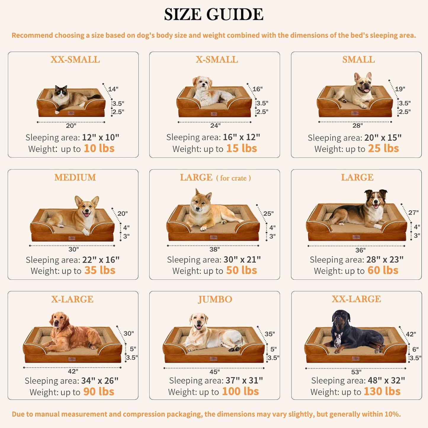 Comfort Expression Large Dog Beds Waterproof Orthopedic Foam Dog Sofa Beds Comfy Pet Bed with Washable Removable Cover & Non-Slip Bottom(Large,Caramel)