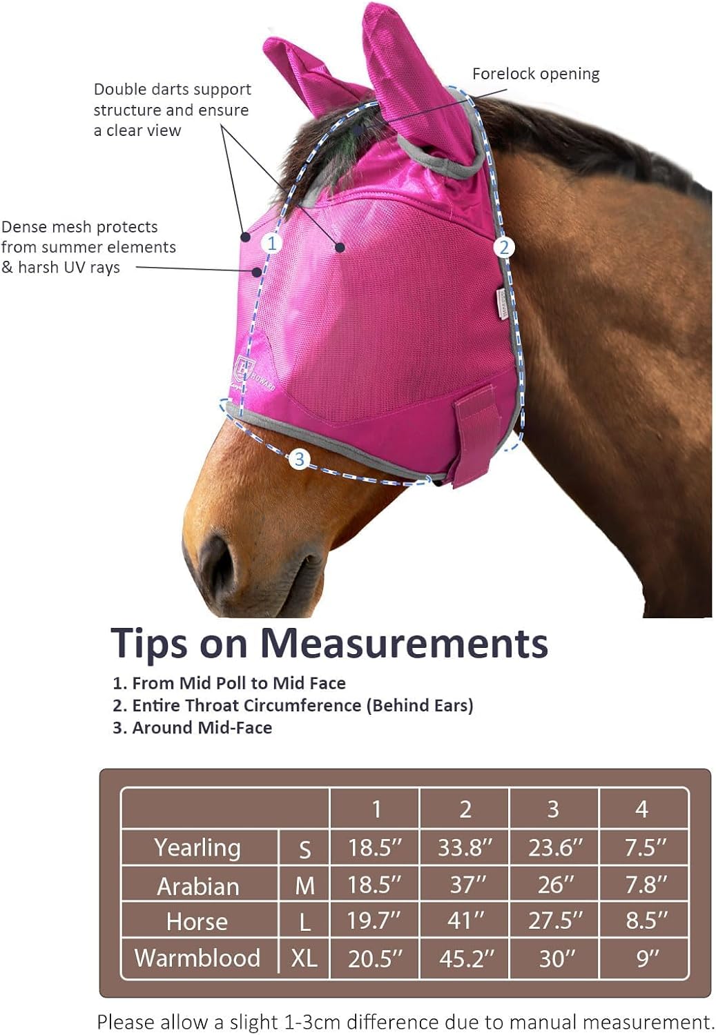 Harrison Howard UV-proof Multi-Function Fabrics Thick Fleece Padding Horse Fly Mask Half Face with Ears Magenta Horse Large