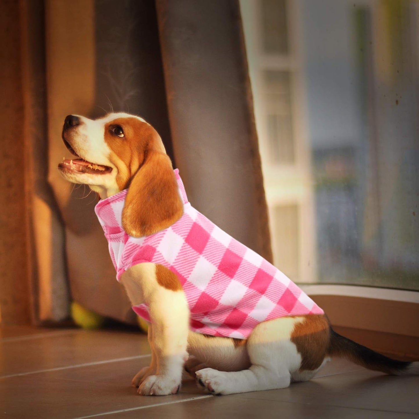 ASENKU Dog Sweater, Plaid Dogs Fleece Vest, Soft Comfortable Pet Pajamas, Warm Winter Puppy Shirt, Cold Weather Coat Jacket Pet Clothes for Small & Medium Dog Breeds, Pink, L