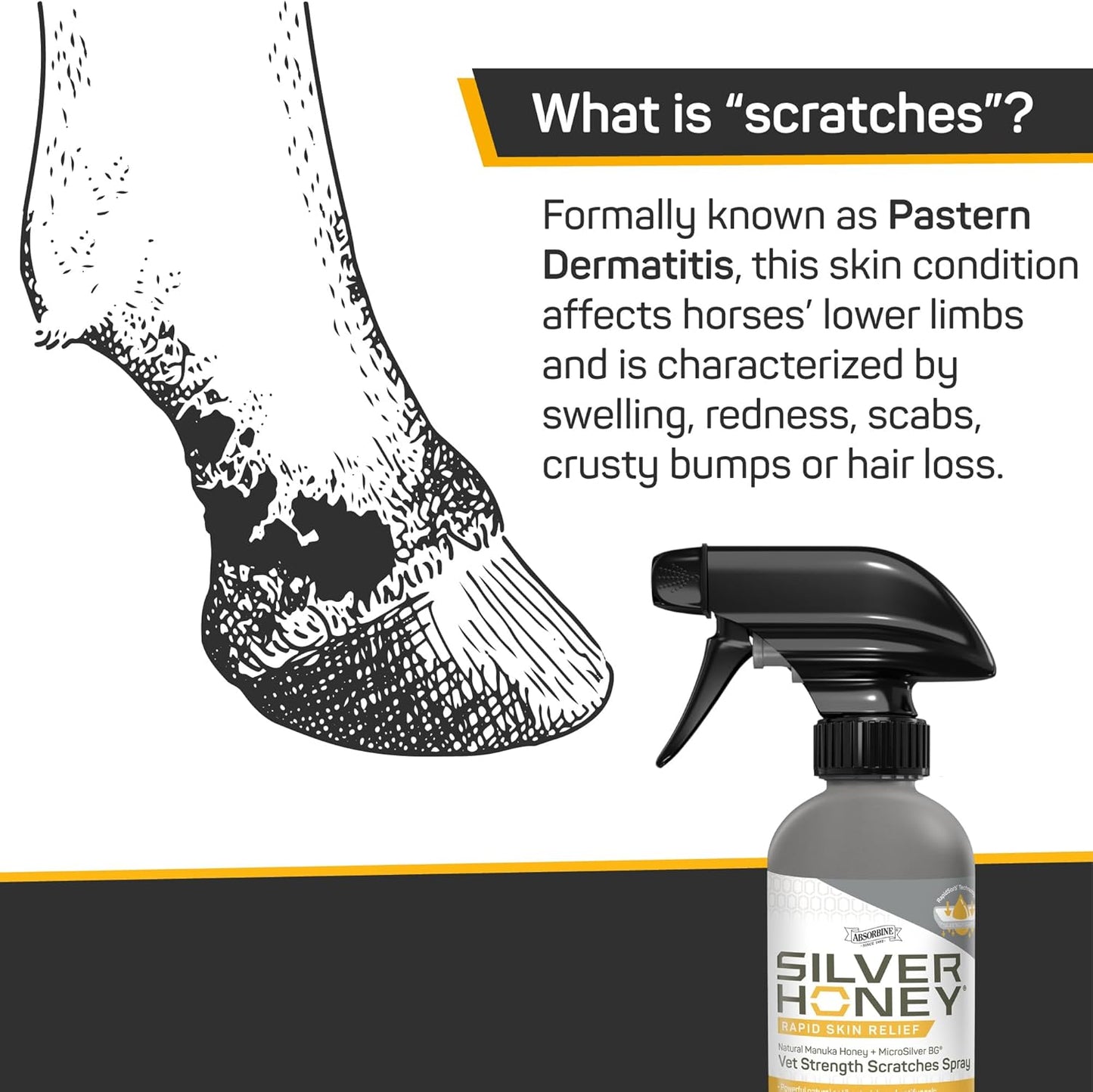 Silver Honey Rapid Relief 6oz Spray for Horses Only, Use on Equine Scratches / Pastern Dermatitis / Mud Fever / Dew Poisoning / Cracked Heels