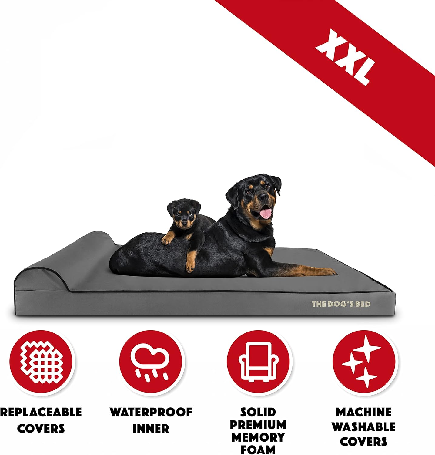 The Dog’s Bed Orthopedic Headrest Dog Bed XXL Grey/Black 54x36, Memory Foam, Pain Relief for Arthritis, Hip & Elbow Dysplasia, Post Surgery, Lameness, Veterinary Approved, Waterproof Washable Cover