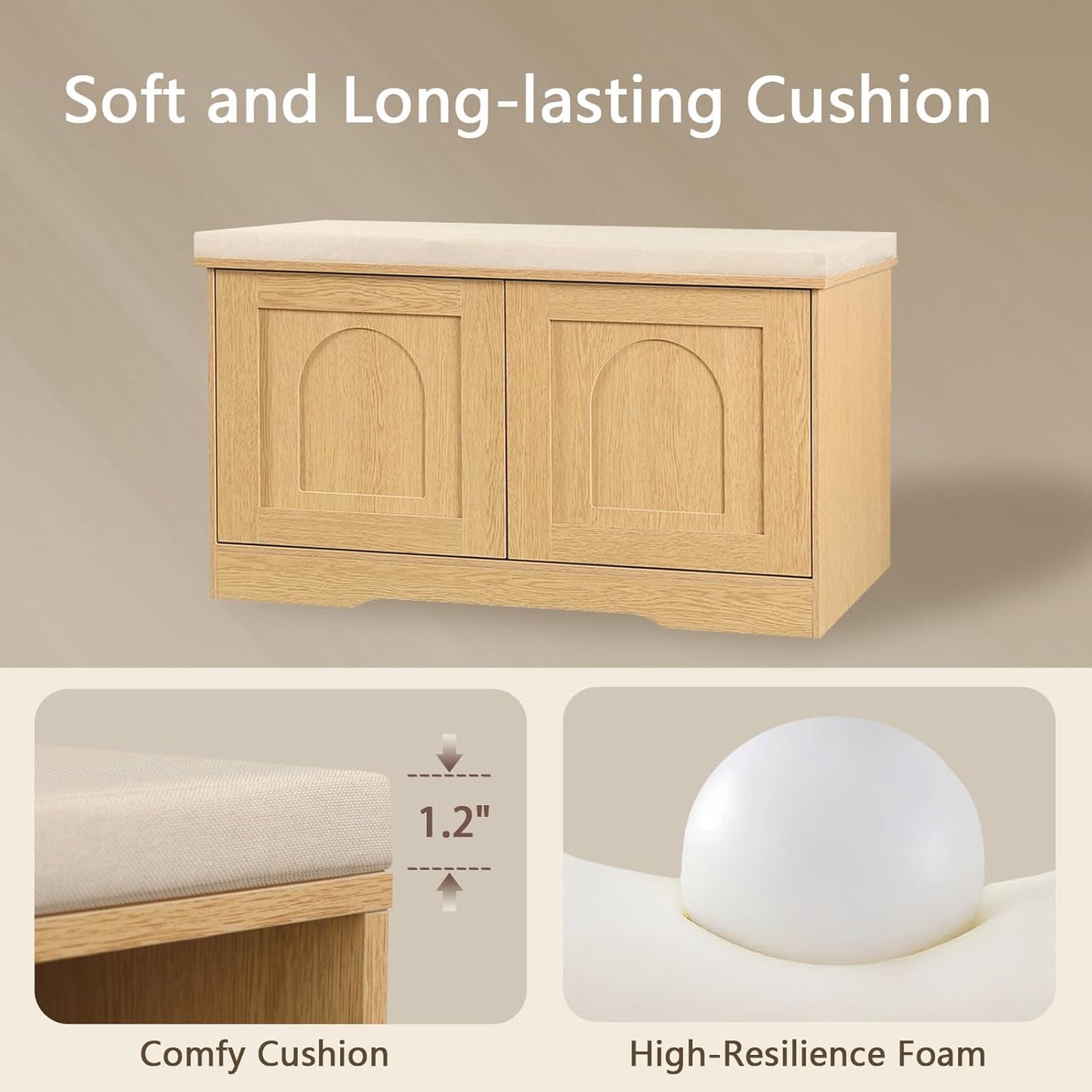 DINZI LVJ Shoe Bench, Entryway Storage Bench with Doors, Cushion, 2-Tier Shoe Rack with 6-Cubby, 31.5”L x 13.8”W Shoe Organizer Cabinet, Adjustable Shelf, Living Room, Bedroom, Natural