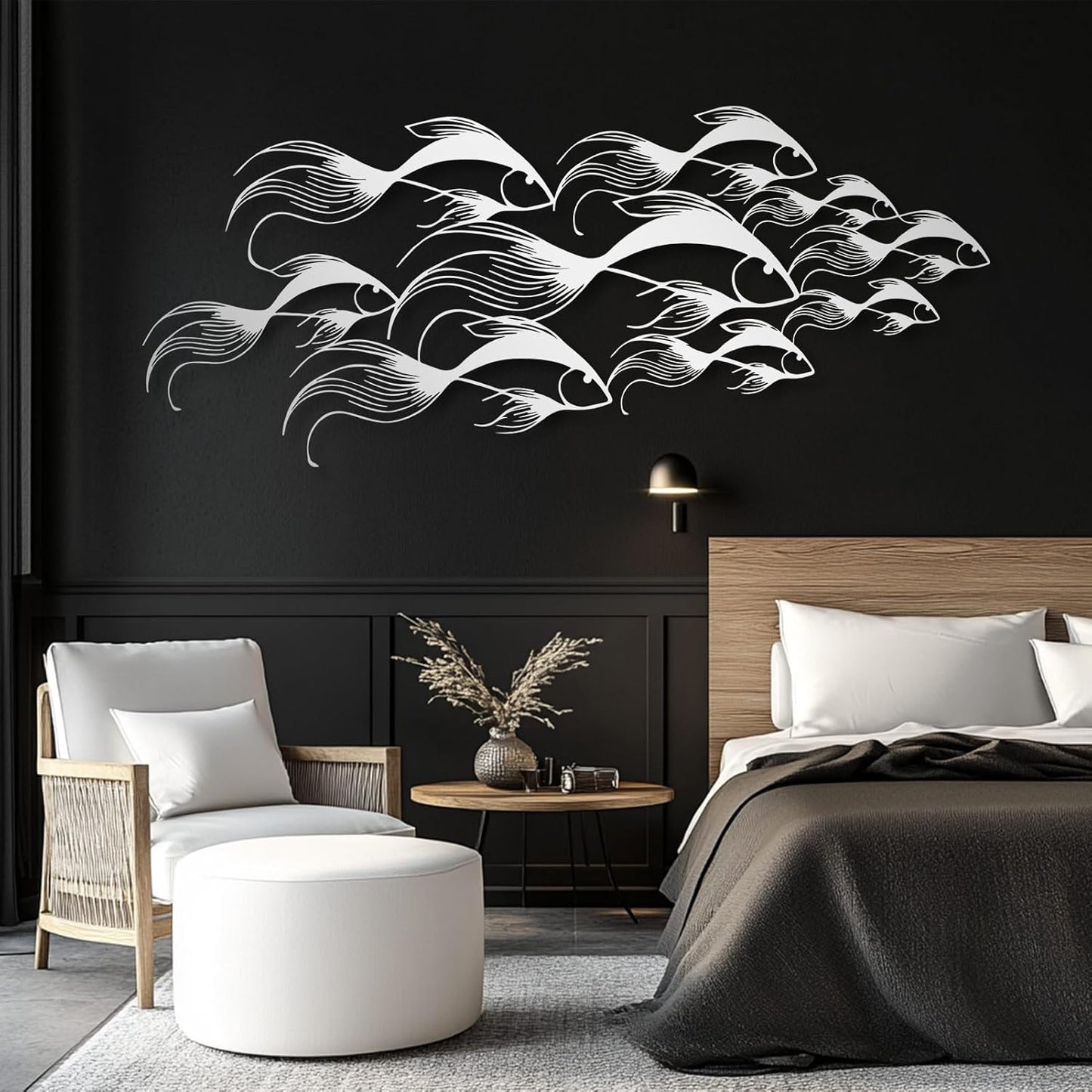 School of Fish Metal Wall Art, Metal Fish Wall Decor, Sea Life Wall Art, Large Nautical Wall Hanging, Modern Beach House Wall Decor, Ocean Themed Artwork for Bathroom (Black, 41"x18" | 105x45cm)