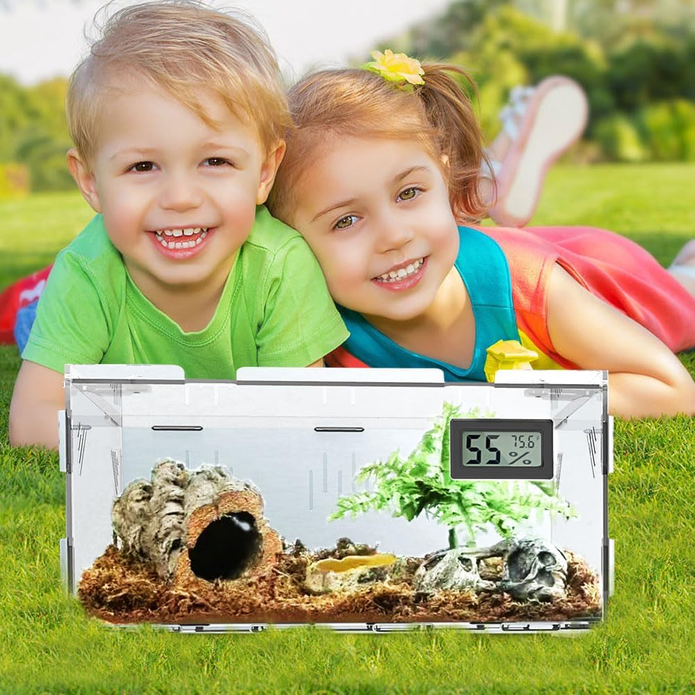 Reptile Terrariums, with Temperature Hygrometer, 11.8"x7.9"x5.9" Acrylic Reptile Breeding Box Terrarium Cage Tank for Small Reptile Insect Home Office