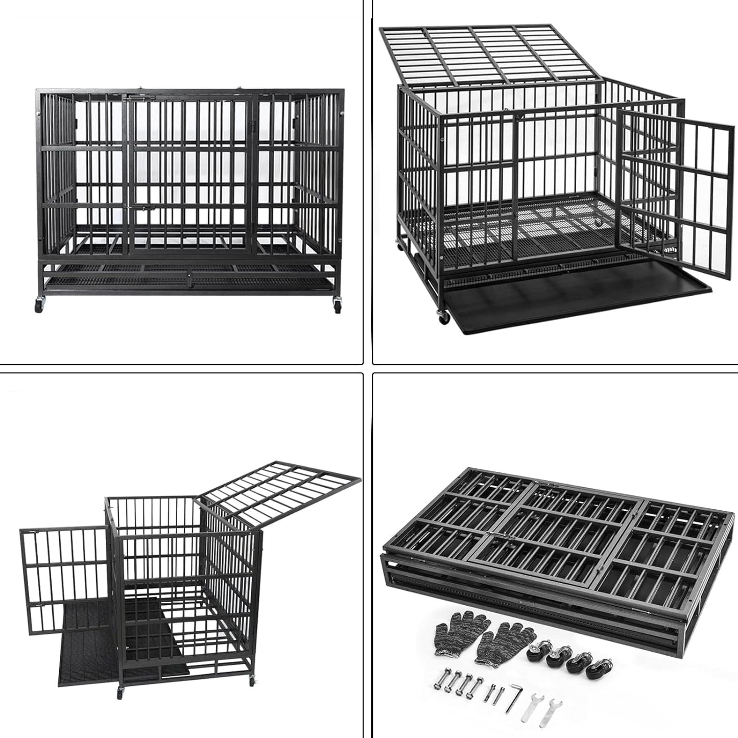 Oranland 48/38 Inch Heavy Duty Indestructible Dog Crate Cage Kennel with Wheels, High Anxiety Dog Kennel, Sturdy Locks, Double Door and Removable Tray Design, Extra Large XL Dog Crate.