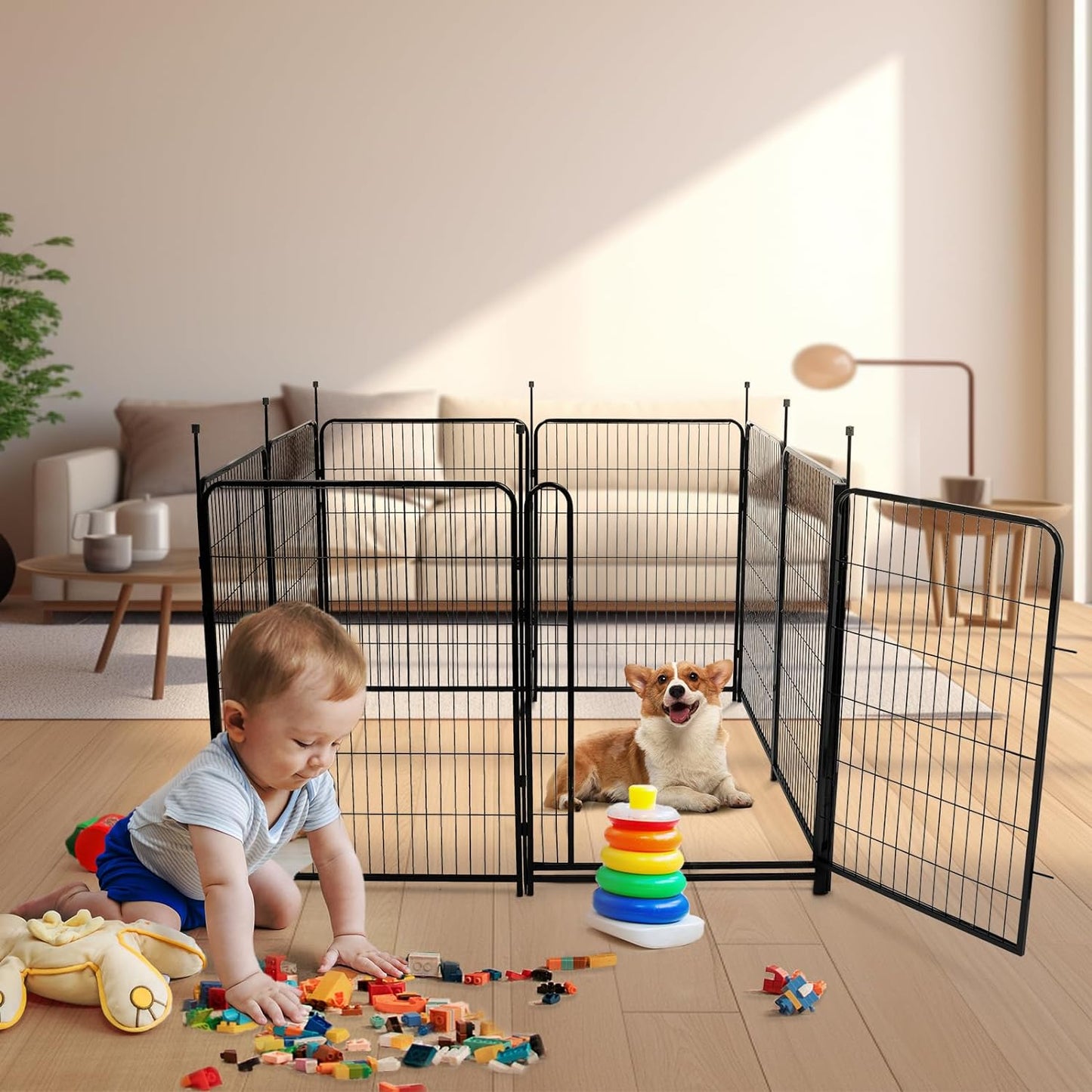 Garden Fencing 48in High, 12 Panels Total 26.6Ft(L) Dog Fence Outdoor for Yard, Gate 21 in Wide with Low Sills. Black Metal Fencing for Yard 4ft Tall, Garden Fences, Animal Barrier Fence