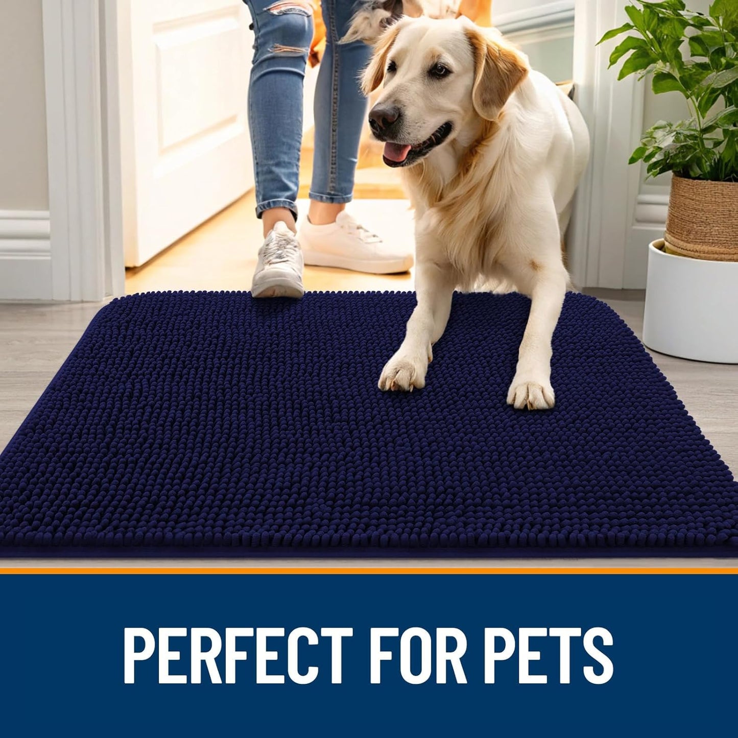 OLANLY Dog Door Mat for Muddy Paws 47x24, Absorbs Moisture and Dirt, Absorbent Non-Slip Washable Doormat, Quick Dry Chenille Mud Mat for Dogs, Entry Indoor Entryway Carpet for Inside Floor, Navy Blue