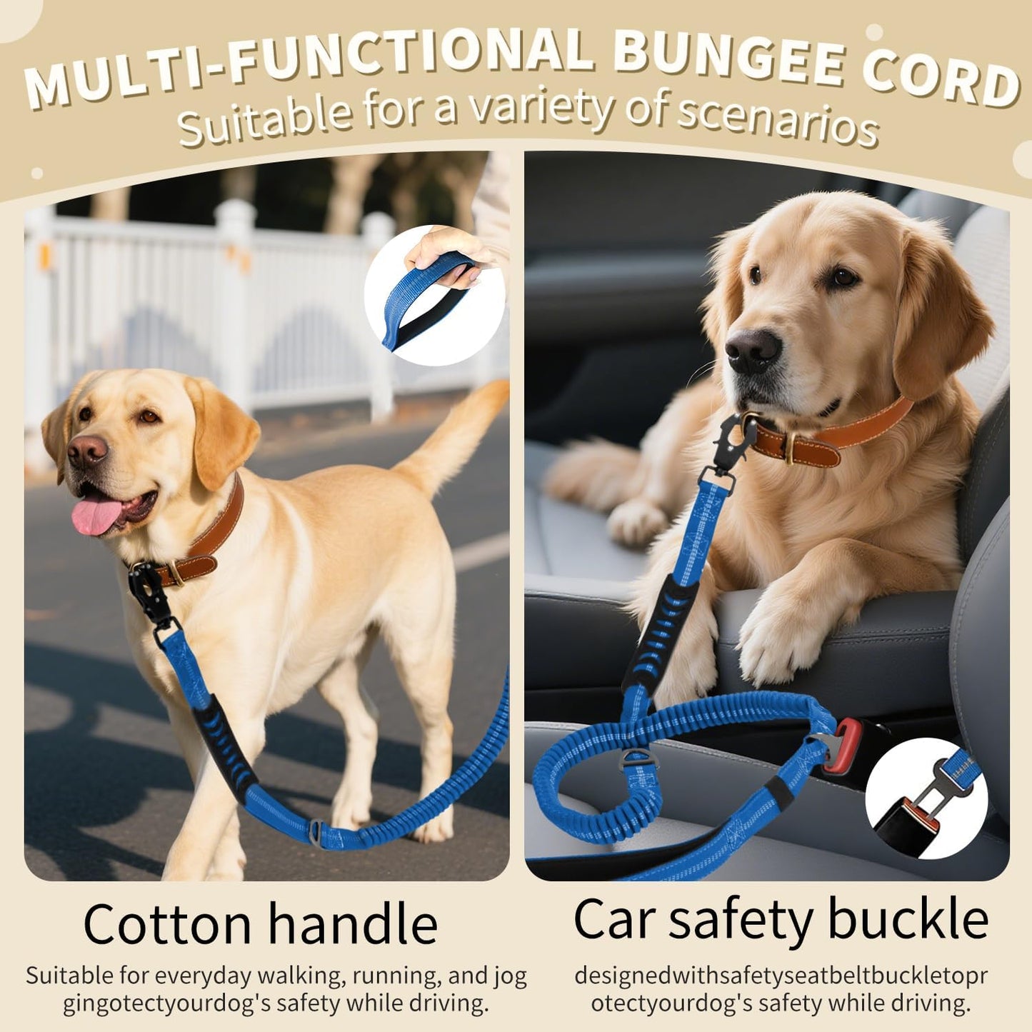 Heavy Duty Tactical Bungee Dog Leash, 4-6FT Shock Absorbing Tactical Dog Leash with 2 Padded Handles, Metal Carabiner Clip,Car Seatbelt, Reflective Dog Leashs for Medium Large Dogs (Blue)