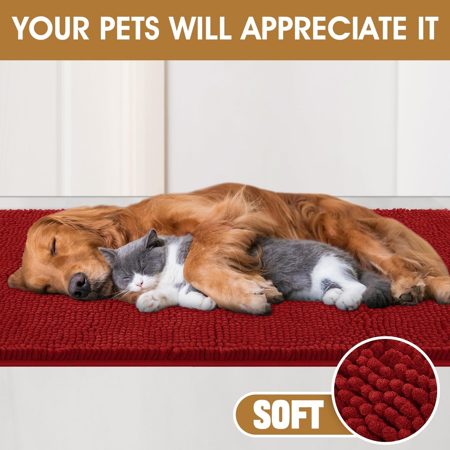 IM HOME Extra Large Dog Door Mats for Muddy Paws, Chenille Absorbent Dog Mats, Non Slip Heavy Mud Mat for Dogs, Soft Pet Mat for Entryway, Mud Paws, Inside Floor,71" x 25", Red